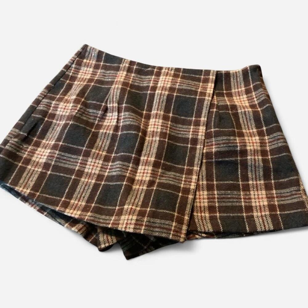 Dazy brown plaid pleated asymmetrical